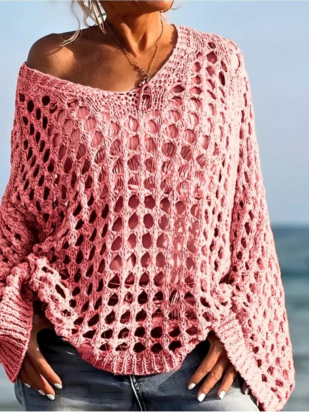 NWOT Pink Off-Shoulder, Crochet Sweater in Multiple Sizes